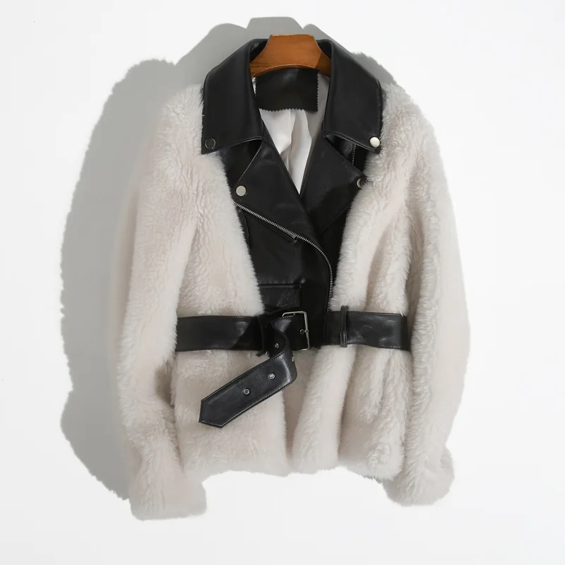 Rf1938B новая стильная модная куртка из натуральной кожи, женские шубы из искусственного меха с кожаным ремнем, Короткая Меховая куртка с длинными рукавами - Цвет: Белый