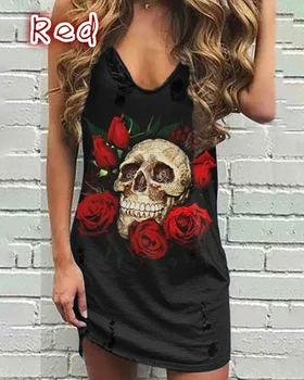 Skull Print Women Sleeveless Shirt Dress Summer Gothic Style Ladies Casual V Neck Loose Short