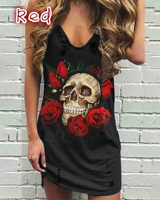 Skull Print Women Sleeveless Shirt Dress Summer Gothic Style Ladies Casual V Neck Loose Short Mini