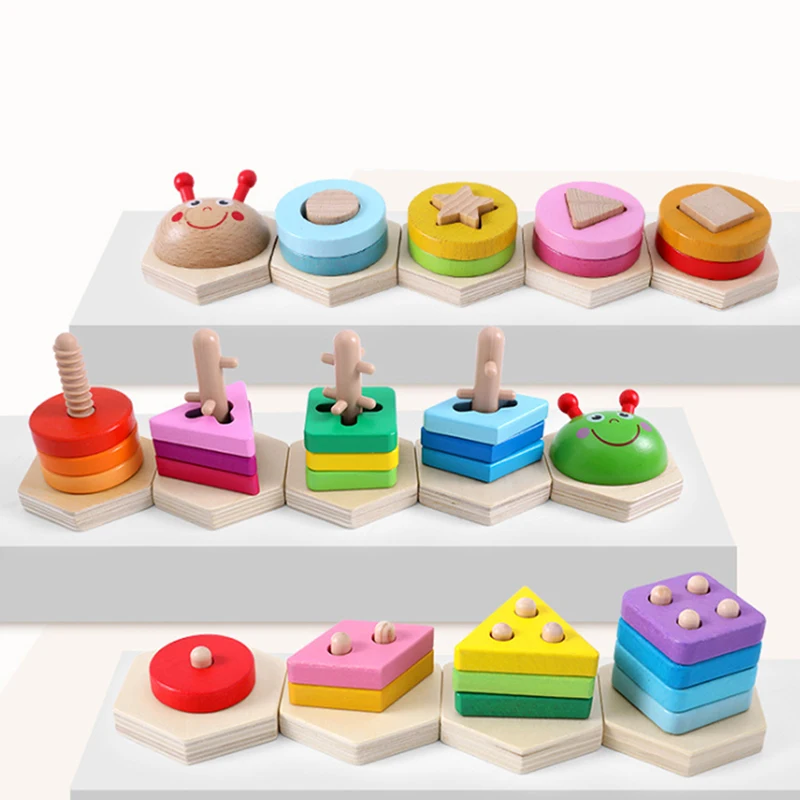 Детские радужные комплекты деревянных блоков хорошие продажи обучающая геометрическая форма соответствия игрушки для детей Пирамидка животных