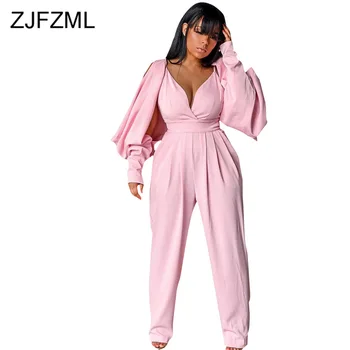 

Deep V Neck Elegant White Jumpsuits for Women 2019 Cloak Sleeve Open Back Pleated Overalls Autumn High Waist Plus Size Rompers