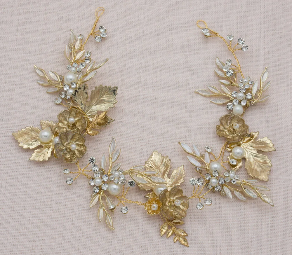 Trendy Gold Bridal Hair Accessories Gold Leaves Vine Wedding Head Jewelry Big Flower Tiara Pearl Headdresses For Girlfriend
