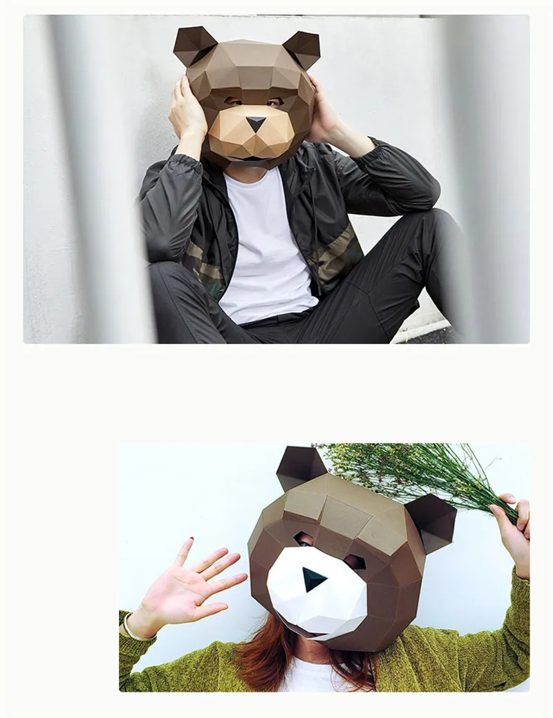 New DIY 3D Smile Teddy Bear Head Paper Mask Headgear Card Model Building Construction Toys Animals Party Show Halloween Props  (4)
