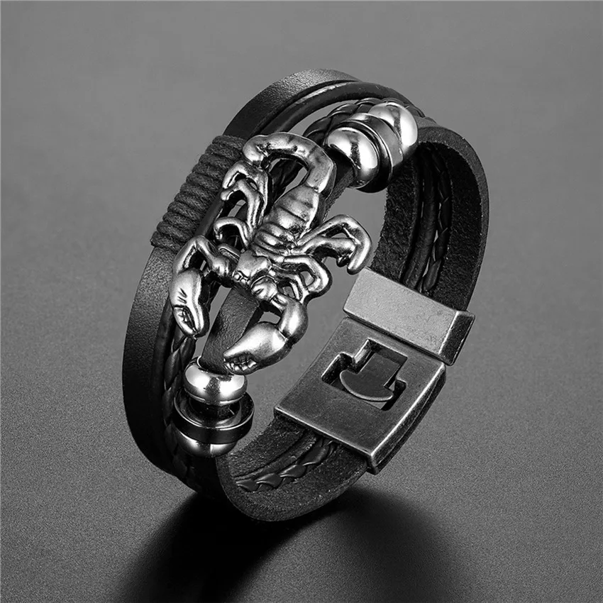 2020 nuovo fatto a mano retrò intrecciato braccialetto di cuoio uomini Vintage multistrato braccialetti scorpione uomini gioielli Pulseira Feminina TZ611