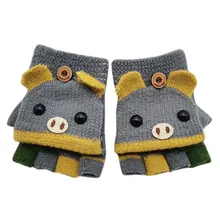 Детские зимние перчатки, теплые варежки с рисунком поросенка из мультфильма, разноцветные вязаные варежки-трансформер без пальцев для От 2 до 4 лет, детей#3
