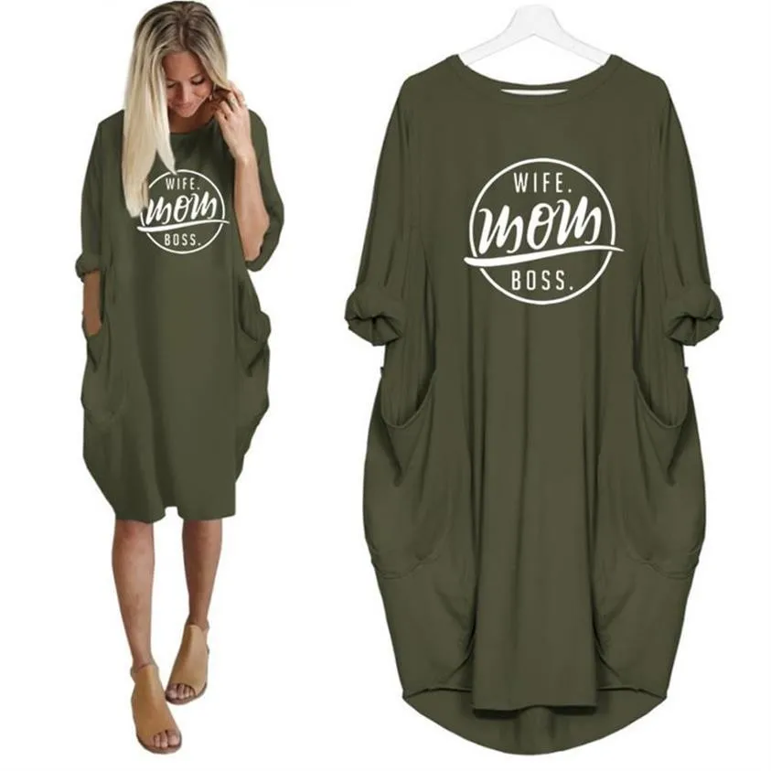 

2019 Fashion T-Shirt Dress for Women Pocket WIFE MOM BOSS Letters Print Dresses Plus Size Female Graphic Loose Tshirt Dress