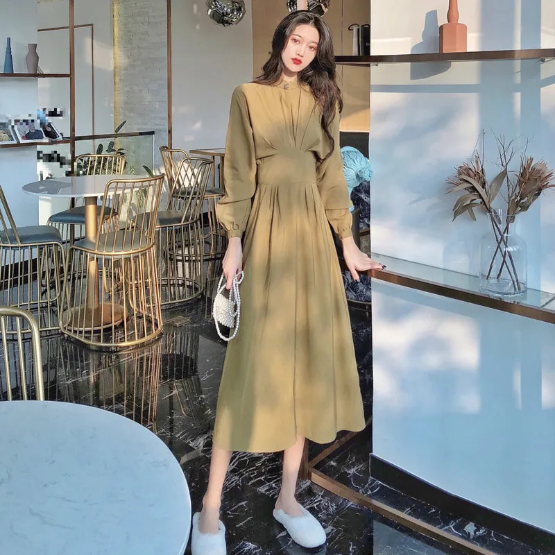 Neploe Retro High Waist Hip Slim A Line Dress Women O Neck Button Long Sleeve Vestido Temperament Solid Party Dresses 49670