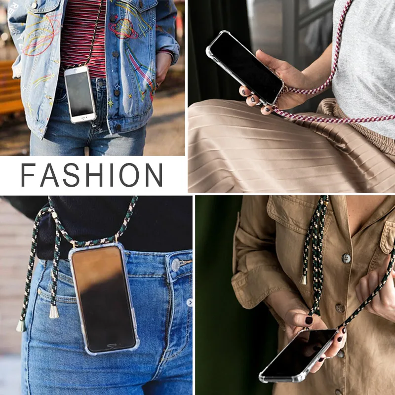 Lanyard Strap Rope Crossbody Cord Adjustable TPU Cases For iphone 7 8 plus X XR XS MAX 11 pro 6 6S 5 SE Clear Cell Phone Case