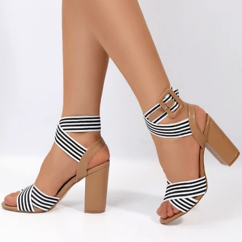 

2020 Summer Women Gladiator Sandals Platform Square High Heel Stirped Ankle Strap Fashion Casual Ladies Shoes Zapatos De Mujer
