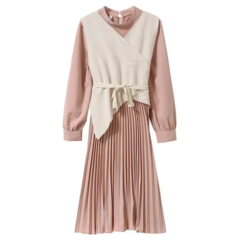 

Spring Winter Casual Dress Suit Solid Women Elegant Long Sleeve Knit Bodycon Mid-Calf Long Sweater Pleated Dress Set