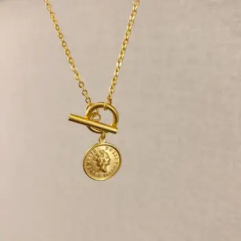 Titanium With 18K Gold OT Chain Geo Queen Coins Necklaces Women Jewelry Punk Party Designer Club T Show Korea Japan