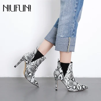 

NIUFUNI Fashion Ankle Boots Women Stiletto High Heels Sexy Snake Print Pointed Toe Boots Autumn Shoes Woman Botas Mujer 2019