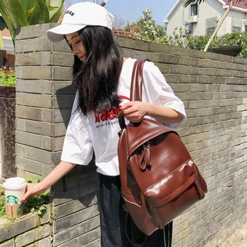 

Fashion PU Leather Waterproof Backpack Women Solid Color Female Campus Casual Shoulder Backpack Large Capacity Student Schoolbag