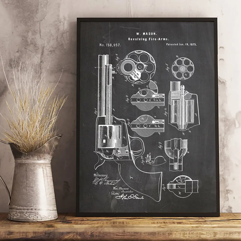 

Hand Gun Patent Vintage Poster And Prints Revolving Fire Arm Art Print Pistol Blueprint Wall Pictures Military Decorations