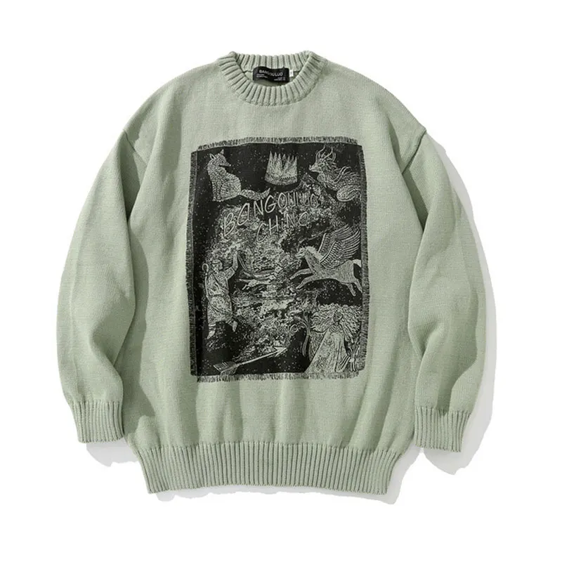 

Harajuku Retro Sweaters 2020 Autumn Winter Knitted Lace O Neck Pullovers Hip Hop Streetwear Vintage Casual Men Clothing
