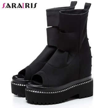 

SARAIRIS Fashion New Female Mid Calf Peep Toe Platform Chunky Heels Boots Slip On Casual Boots Women Summer Shoes Woman