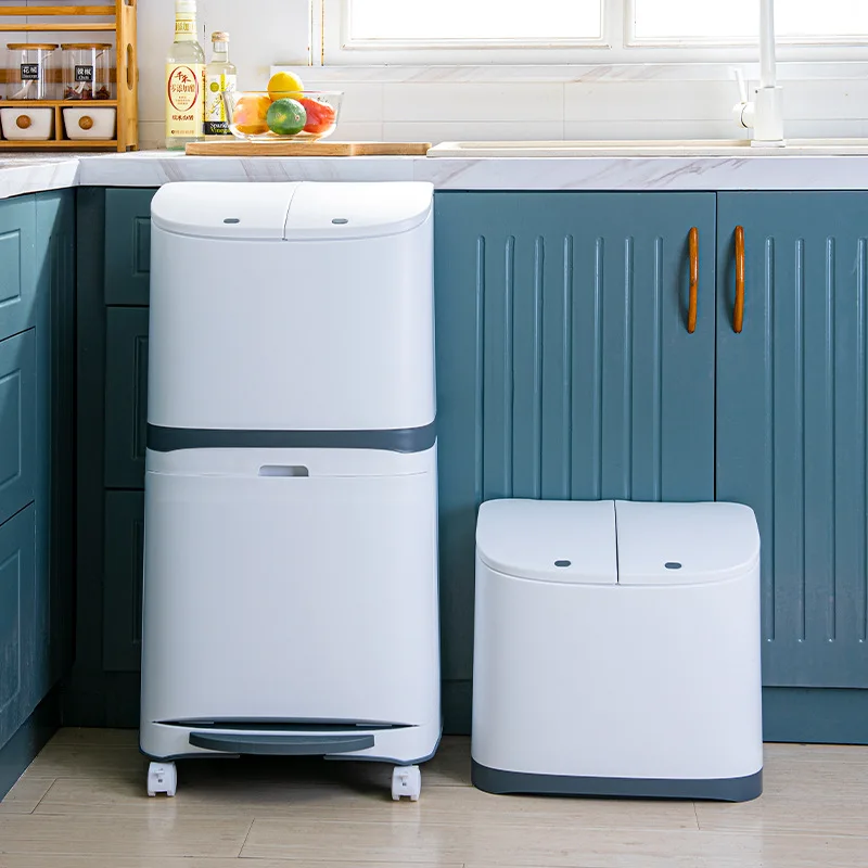 

2 layers Kitchen Wet and Dry Sorted Waste Bin With Wheel Plastic Toilet Garbage Can Corner Recycle Bin Press Open Storage Bucket