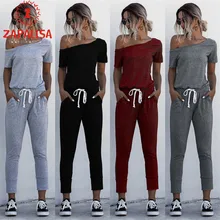 Jumpsuits Short-Sleeve Oblique-Collar Fashion Women Summer Pockets Solid Mid-Waist Drawstring-Design