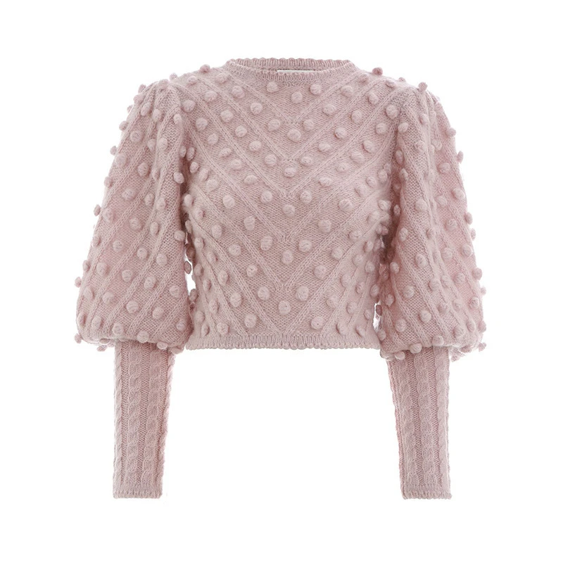 Autumn Winter New Fashion Sweet Blue Three-dimensional Ball Round Collar Short Knitting Sweater Women's Jumper Pullover | Женская