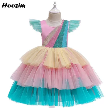 

Kawaii Colorblock Ruffle Cap Sleeve graduation Dresses Kids 3-11 Years Formal Tulle Sequin Fluffy Layered Masquered Dress Girls