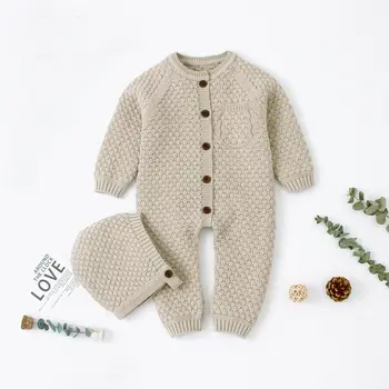 

Winter Infant Baby Girls Boys Warm Rompers Hats 2pcs Long Sleeve Single Breasted Knit Warm Clothes