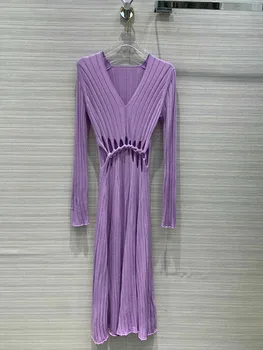 

LouLan Queen Hollow Out Design V Lead Sexy Knitting Dress Long Sleeve Runway/Summer/Party Office/Elegant Dress Women Summer
