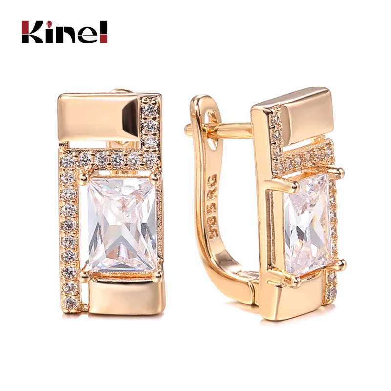 Kinel Classic Stud Earrings 585 Rose Gold White Natural Zircon earrings Big Simple Korean For Women To Gifts 2021 Hot | Украшения и