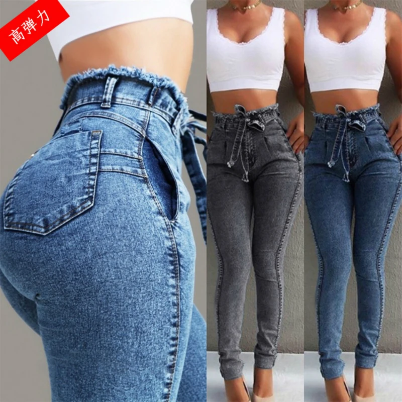 Pantalones vaqueros ajustados de buena calidad para mujer, Jeans ajustados de cintura alta cordones, de una pieza|Pantalones vaqueros| - AliExpress