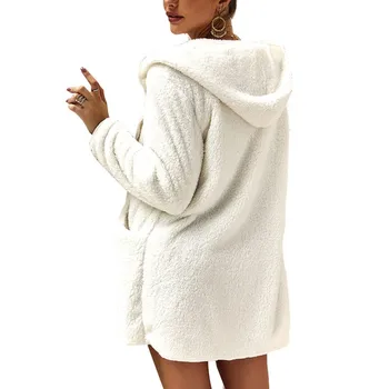 

Autumn Winter Warm Cardigan Coat Women Elegant Solid Long Sleeve Soft Fur Jacket Female Plush Overcoat Pocket Hooded Outwear