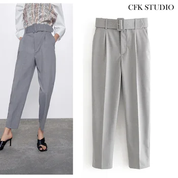 

Za Women Pants with High Waist Belt Solid Elegant Office Wear Long Grey Trousers