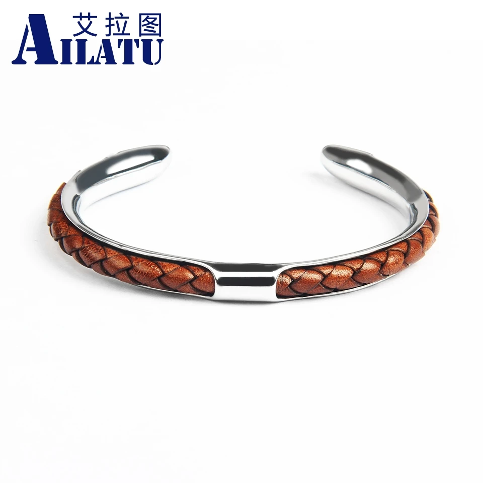 New Luxury Men Opening Cuff Bangles 316L Stainless Steel Genuine Leather Bracelet Friendship Jewelry for Lover 3