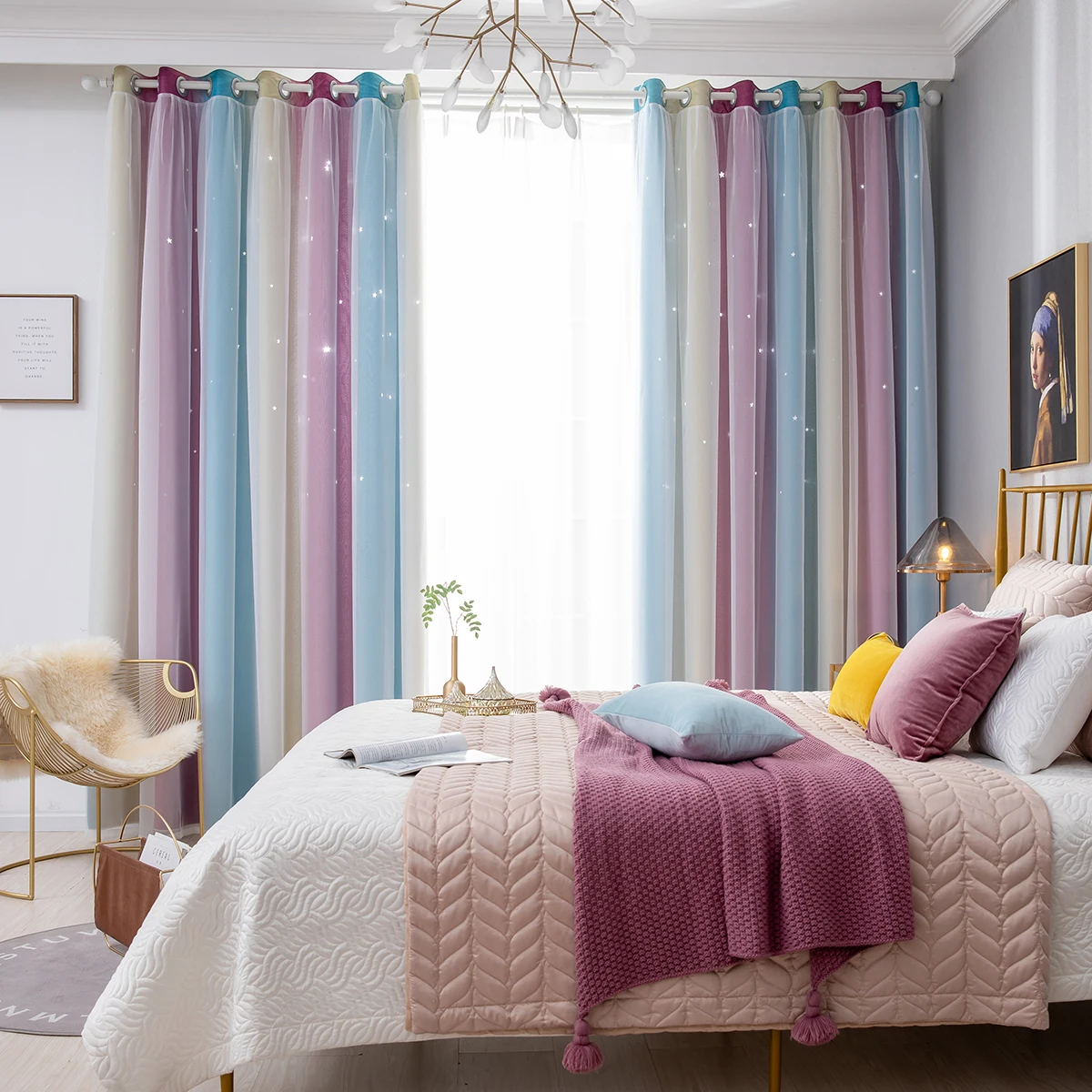 

Double-Layer Yarn Tulle Overlay Window Curtain Hollow-Out Stars Ombre Curtain Drapes Eyelet Living Room Bedroom Curtain D30