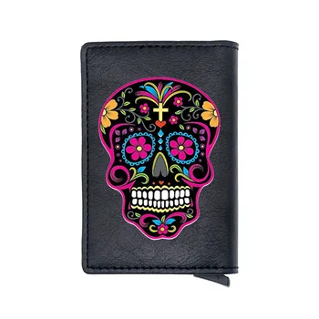 

New Flower Skull Cross Vintage Digital Printing Black Card Holder Multifunction Wallet Men Women Leather Short Purse Gift