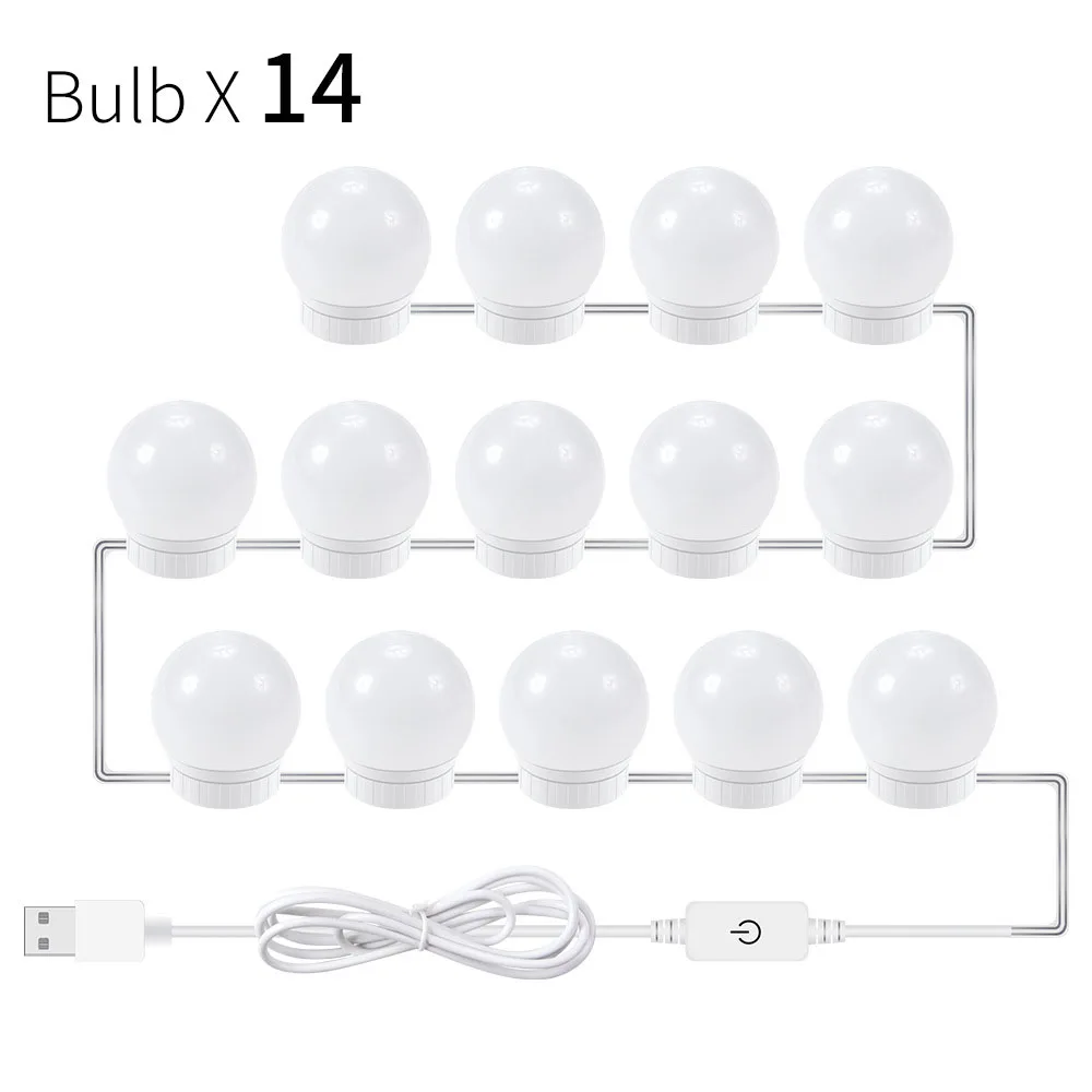 14 Bulbs USB светодиодный зеркальный светильник, лампы для макияжа, туалетный столик, зеркальный светильник s, голливудская зеркальная лампа, туалетное зеркало, Косметическая лампа с регулируемой яркостью - Испускаемый цвет: 14 Bulbs