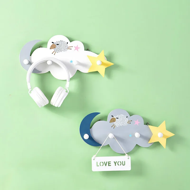 Cartoon Cloud Shape Moon Star Hook Wooden Wall Hanger Animal Sheep Children Bedroom Rack Storage for Keys Cloths Kids Room Decor | Дом и сад