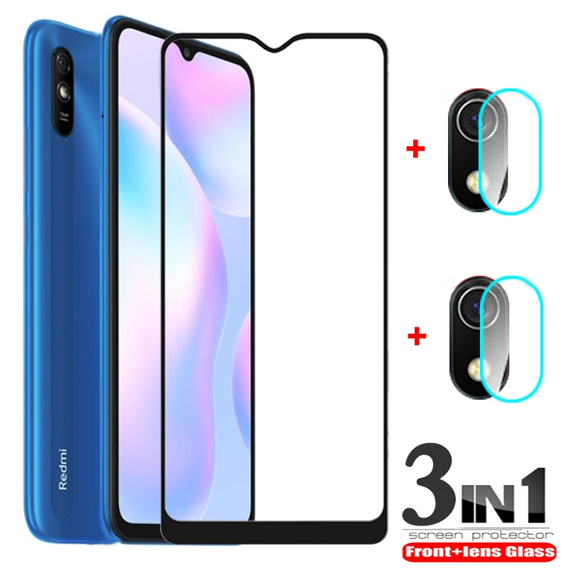 3 в 1 камера + закаленное стекло для Xiaomi Redmi 9A 9C защита экрана взрывозащищенное на