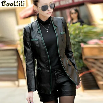 

Boollili 2020 Women Leather Jacket Spring Autumn Coat Long Slim Casual Outwear Clothing Faux Sheep Leather Jacket Plus Size