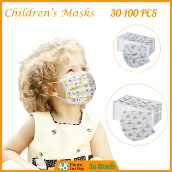 

30-100PCS Children's Dustproof Protective Mascarillas Spunlace Non-reusable Safety Air Fog Breathable Printed Mask In Stock