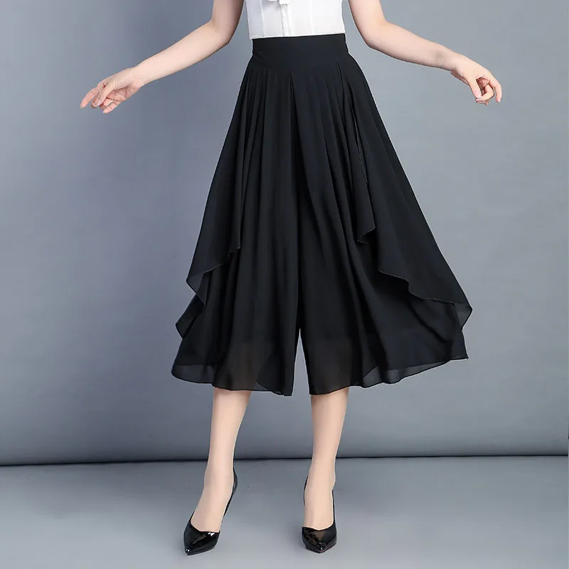 

2019 New Wide Leg Pants Female Skirt Solid Summer High Waist Casual Loose Large Size Thin Chiffon Pants Skirt