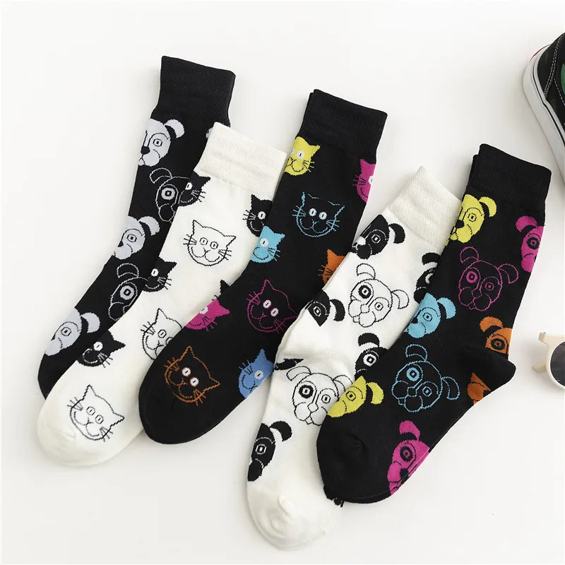 Осенне-зимние женские носки, модные хлопковые носки с персонажами из мультфильмов, черно-белые носки с кошкой, носки для собак