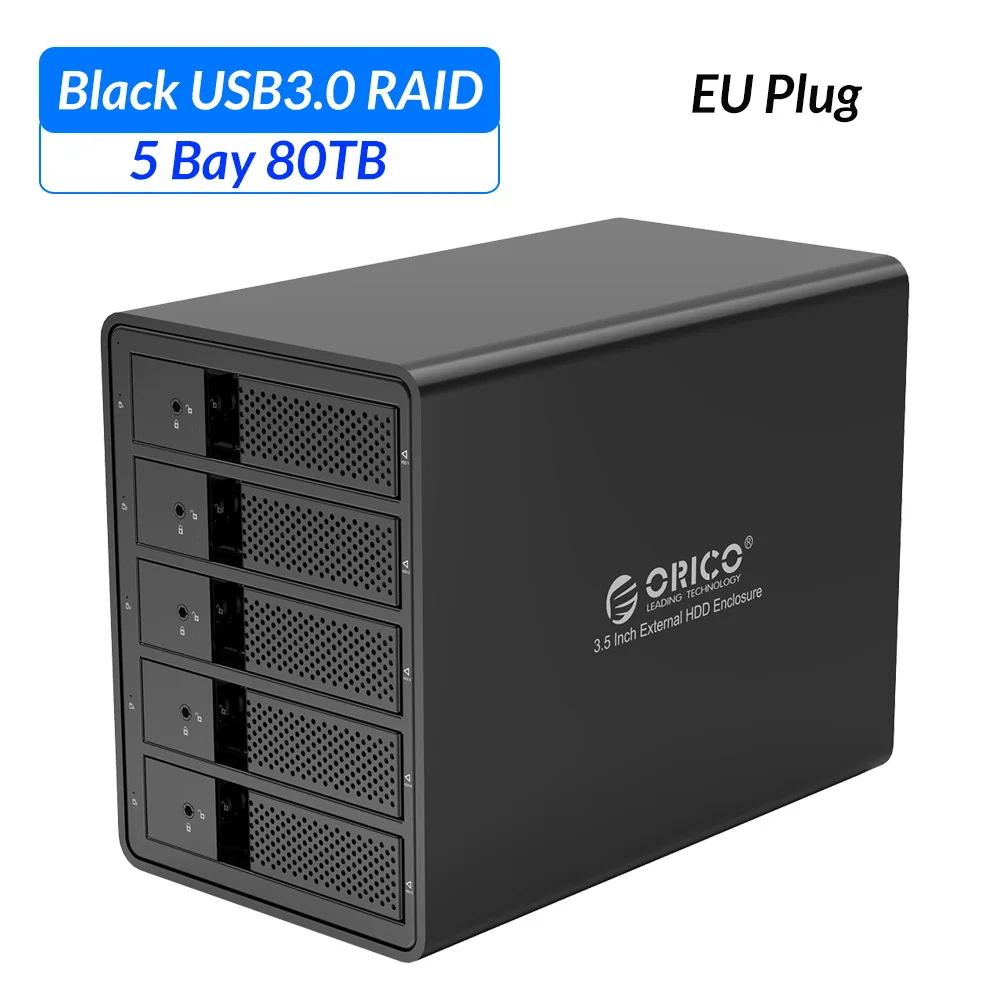 ORICO 3,5 дюймов 5 bay USB3.0 для SATA HDD док-станция с RAID алюминиевый корпус для жестких дисков 150 Вт внутренний адаптер питания HDD Чехол - Цвет: Black EU Plug