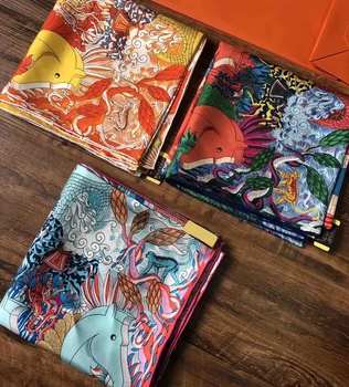 

100% Silk Twill Sacrf Fashion Women Shawl Scarves Headscarf Wraps Foulard Scarf Hijab Cravat Luxury Cosmic Pattern 90*90cm