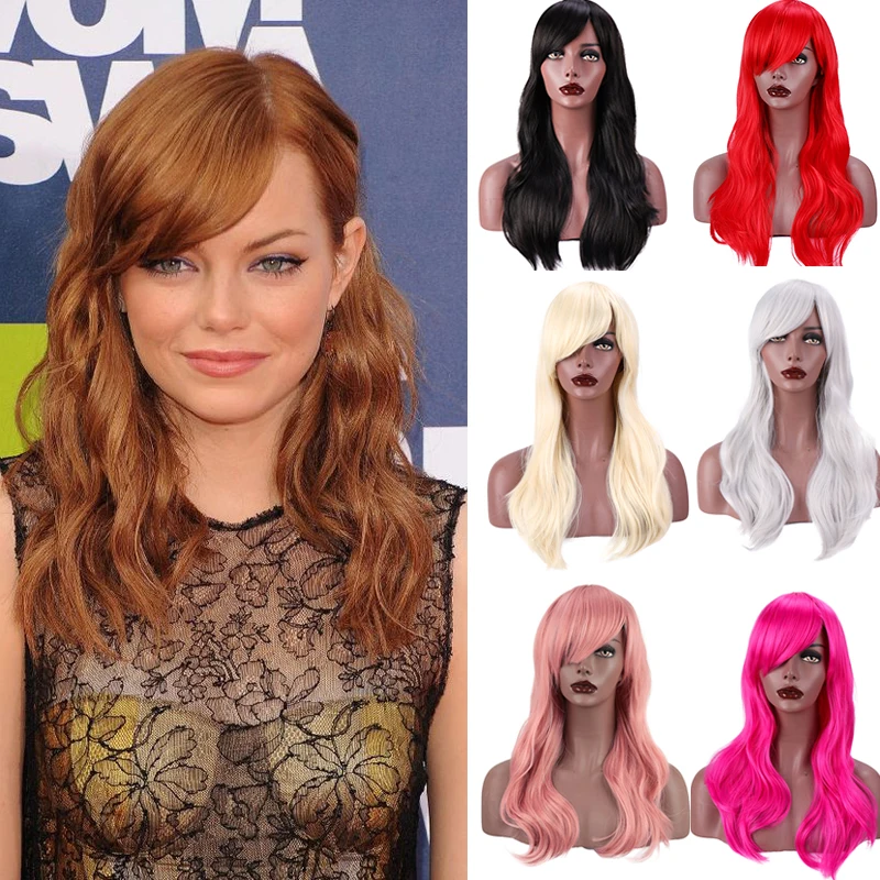 

DIANQI 24 inch 12 colors Long Wig Smoke Pink Wavy Synthetic Wigs With Bangs For Black Female Heat Resistant Cosplay Wig