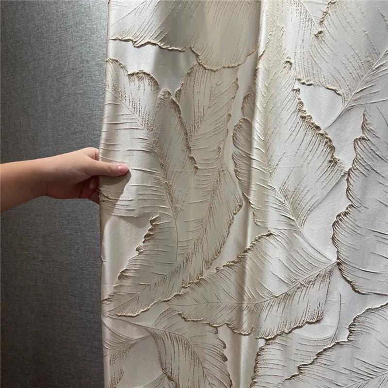 Luxury Embossed Gold Thread 3D Leaf Beige Drapes High-precision Jacquard Fabric Curtain For Living Room Bedroom Villa Home Deco