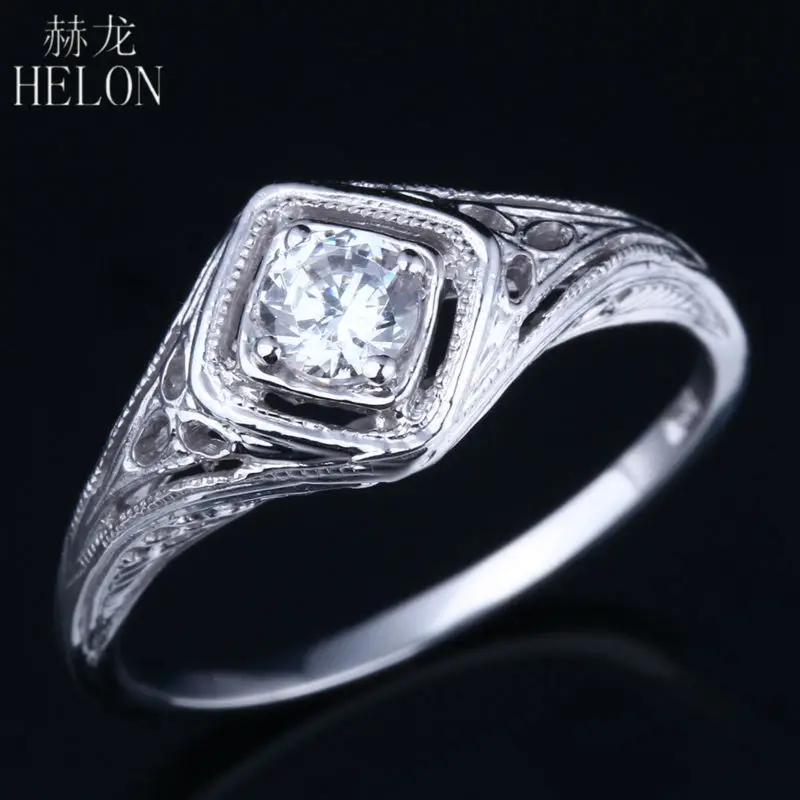 HELON 0.3ct Муассанит кольцо твердое 10 к белое золото VVS/цвет GH Лаборатория Grown Diamond Муассанит винтажное античное обручальное кольцо для женщин