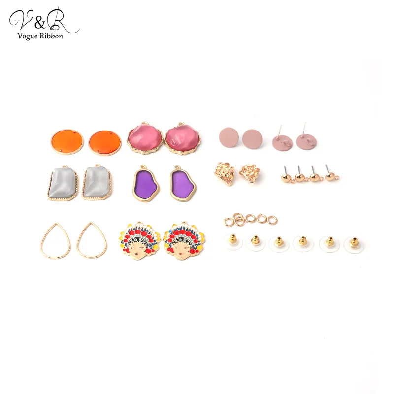 

DIY Handmade Jewelry Post Earring Set, Stud with Epoxy Stone/ Portrait/ Geometric Acrylic/ Metal Flower Pendants Earring DIY-117