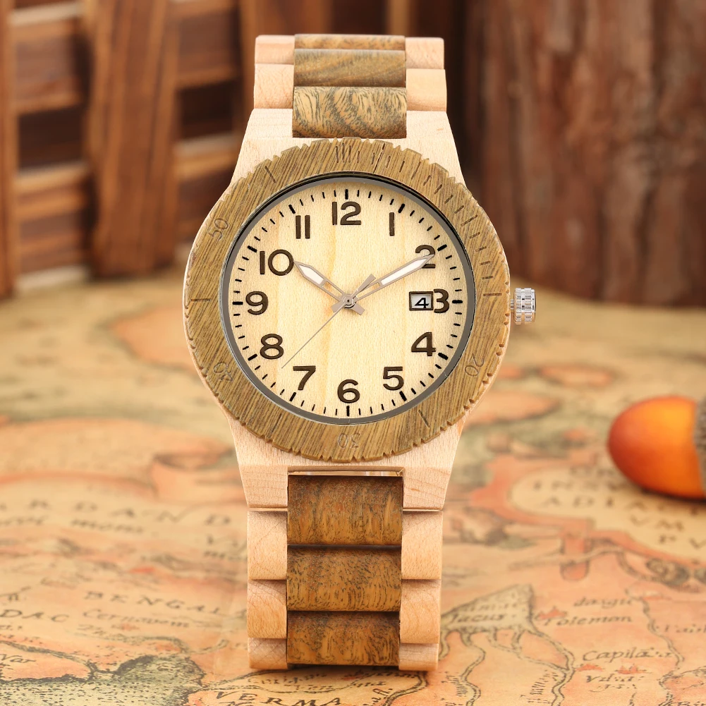 

Classic Wooden Quartz Watch Maple Green Brown Strap Men Women Watch Arabic Numerals Dial With Calendar Gifts Reloj