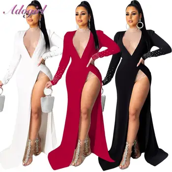 

Sexy Diamond Deep V Neck Evening Party Club Mermaid Bodycon Long Dress Women Elegant Long Sleeve High Split Dresses Vestidos