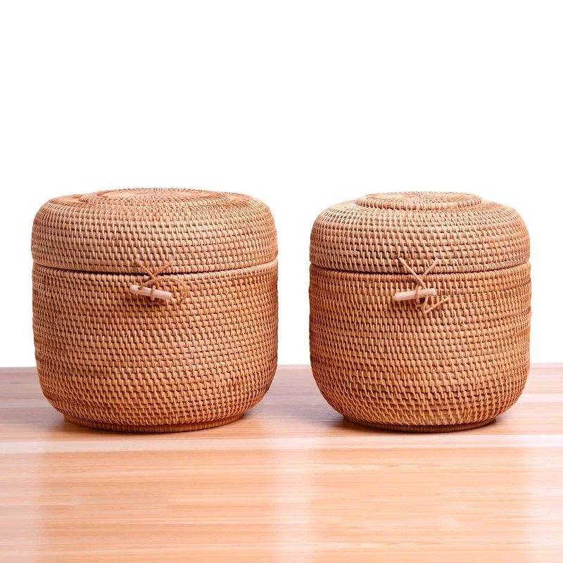Rattan storage box with lid round shape handmade jewelry boxes organizer Vietnam Rattan weaving bin for puerh tea food best gift