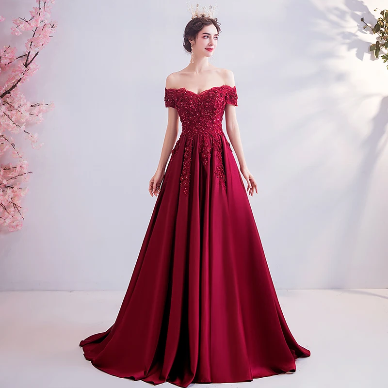 SSYFashion Новое атласное вечернее платье, для банкета элегантное бордовое кружевной вырез лодочкой с аппликацией из пайеток роскошное торжественное платье Robe De Soiree